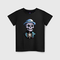Футболка хлопковая детская Скелет в синей шляпе, цвет: черный