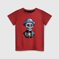 Футболка хлопковая детская Скелет в синей шляпе, цвет: красный