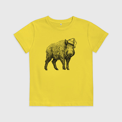 Детская футболка Кабан в новогоднем колпаке / Желтый – фото 1