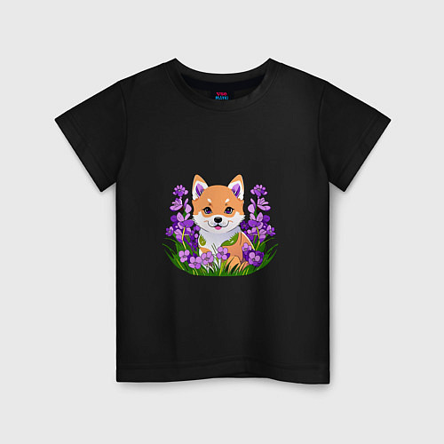 Детская футболка Щенок Сибу-ину среди сиреневых цветов / Черный – фото 1