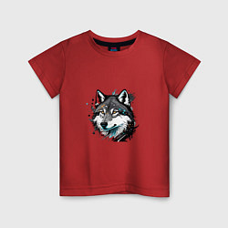 Футболка хлопковая детская Портрет волка с брызгами краски, цвет: красный