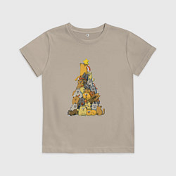 Футболка хлопковая детская Новогодняя ёлка из котиков, цвет: миндальный