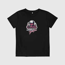 Футболка хлопковая детская Учёный осьминог с компьютером и кофе, цвет: черный