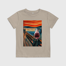 Футболка хлопковая детская Акула кричит - мем нейросеть, цвет: миндальный