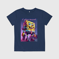 Футболка хлопковая детская Sponge Bob with a pistol - cyberpunk ai art, цвет: тёмно-синий