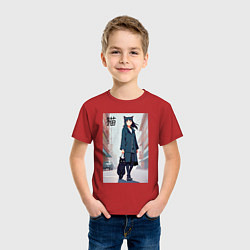 Футболка хлопковая детская Девочка с кошкой в городе - нейросеть, цвет: красный — фото 2
