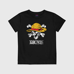 Футболка хлопковая детская One piece череп в соломенной шляпе, цвет: черный