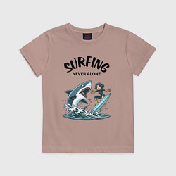 Футболка хлопковая детская Surfing never alone - shark and girl, цвет: пыльно-розовый