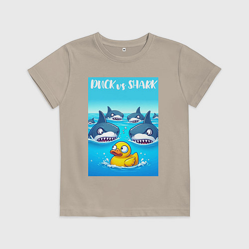 Детская футболка Duck vs shark - ai art fantasy / Миндальный – фото 1