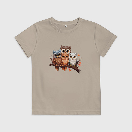 Детская футболка Четыре совы на ветке / Миндальный – фото 1