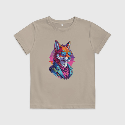 Детская футболка Лис в кожаной куртке / Миндальный – фото 1