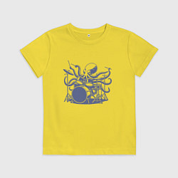 Футболка хлопковая детская Забавный осьминог барабанщик ретро винтаж, цвет: желтый