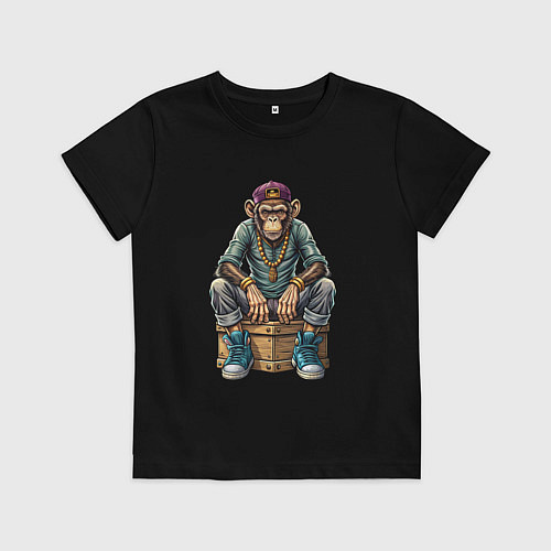 Детская футболка Обезьяна в хип-хоп стиле сидит на ящике / Черный – фото 1