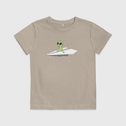 Футболка хлопковая детская Пришелец в бумажном самолётике, цвет: миндальный