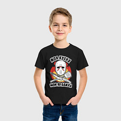 Футболка хлопковая детская Моя кухня мои правила надпись повара и хоккейная м, цвет: черный — фото 2