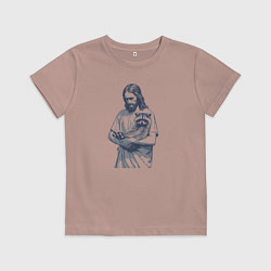 Футболка хлопковая детская Иисус держит милого енота на своих руках, цвет: пыльно-розовый