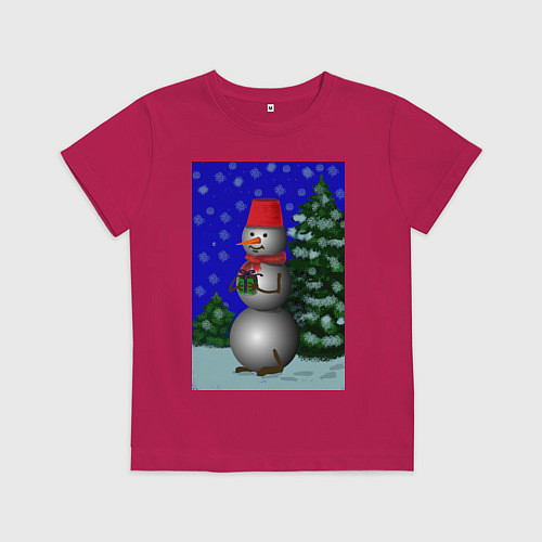 Детская футболка Снеговичок с подарком под елкой / Маджента – фото 1