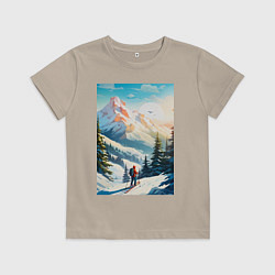Футболка хлопковая детская Лыжник в горах, цвет: миндальный