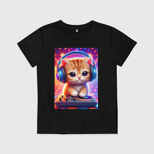 Детская футболка Cutie kitten DJ - neon glow / Черный – фото 1