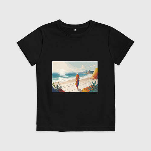 Детская футболка Летний пейзаж с женщиной на пляже / Черный – фото 1