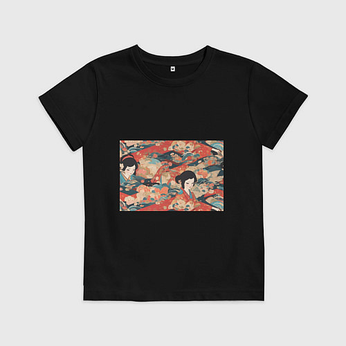 Детская футболка Японский орнамент с девушкой / Черный – фото 1
