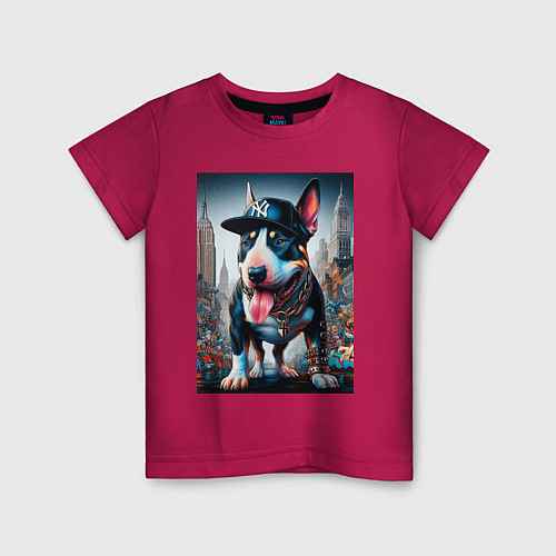 Детская футболка Funny bull terrier in New York - ai art / Маджента – фото 1