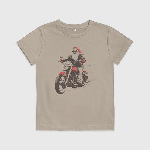 Детская футболка Дед мороз на мотоцикле чоппере / Миндальный – фото 1