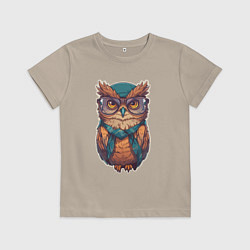 Футболка хлопковая детская Сова хипстер в очках, цвет: миндальный