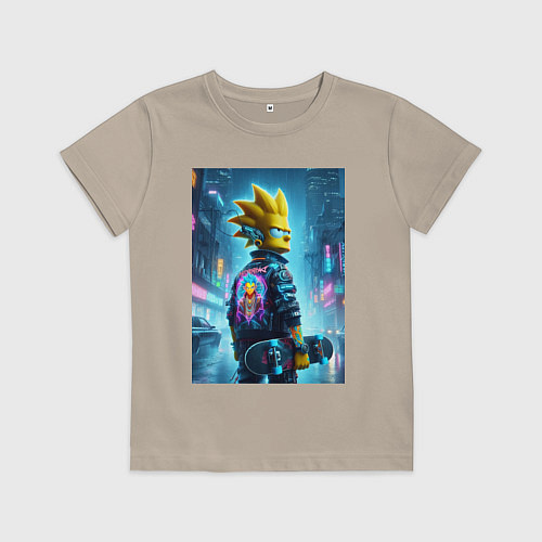 Детская футболка Чувак Барт Симпсон со скейтбордом под дождём - ней / Миндальный – фото 1