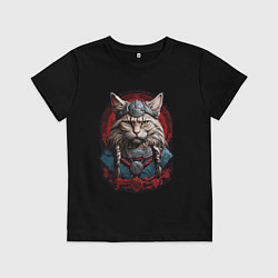Футболка хлопковая детская Кот викинг, цвет: черный