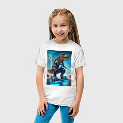 Футболка хлопковая детская Cyber tyrannosaur on a hoverboard - neon glow fant, цвет: белый — фото 2