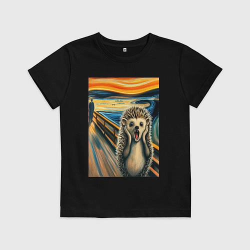 Детская футболка Ёжик кричит на картине Эдварда Мунка - мем искусст / Черный – фото 1