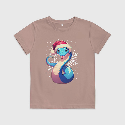 Детская футболка Синяя змея с снежинками / Пыльно-розовый – фото 1