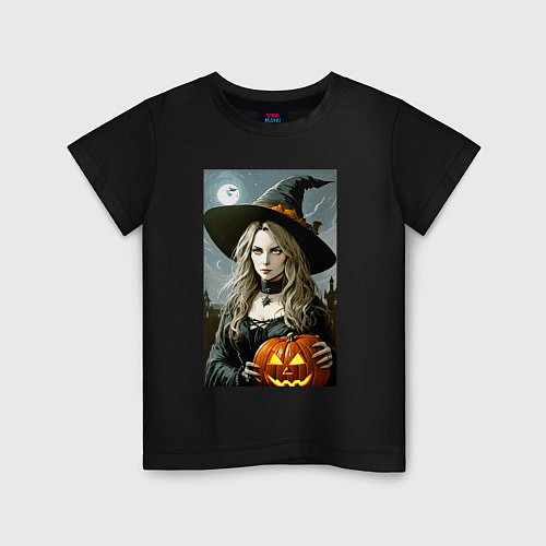Детская футболка Ведьма держит тыкву - хэллоуин / Черный – фото 1