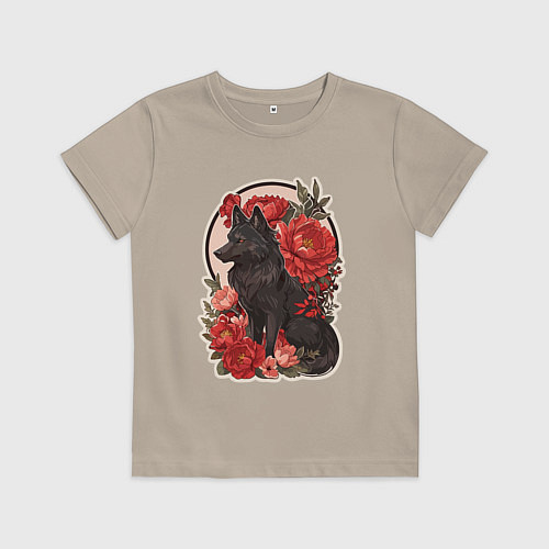Детская футболка Чёрный волк и красные цветы / Миндальный – фото 1