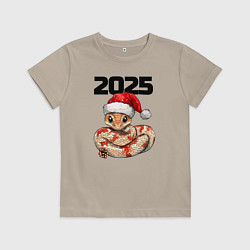 Футболка хлопковая детская Милая змейка в новогодней шапочке, цвет: миндальный