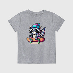 Футболка хлопковая детская Енотик крутой скейтбордист - нейроарт, цвет: меланж