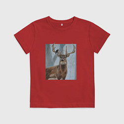 Футболка хлопковая детская Олень и птица живопись, цвет: красный