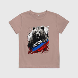 Футболка хлопковая детская Русский медведь на фоне флага России, цвет: пыльно-розовый
