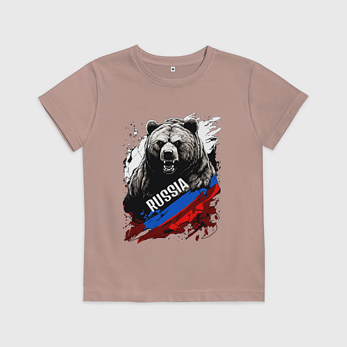 Детская футболка Русский медведь на фоне флага России / Пыльно-розовый – фото 1