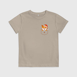 Футболка хлопковая детская Новогодний корги в кармашке, цвет: миндальный