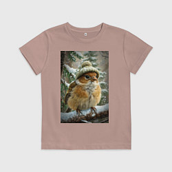 Футболка хлопковая детская Воробей в шапке, цвет: пыльно-розовый