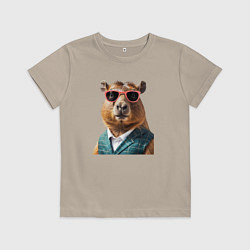 Футболка хлопковая детская Капибара в жилетке, цвет: миндальный