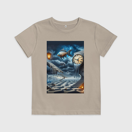Детская футболка Психоделический пейзаж с часами и рыбой / Миндальный – фото 1