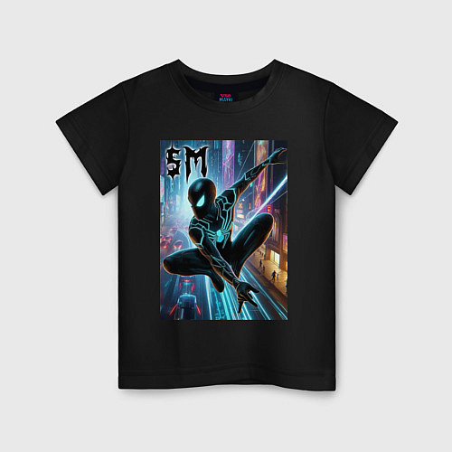 Детская футболка Neon Spider-man - ai art fantasy / Черный – фото 1