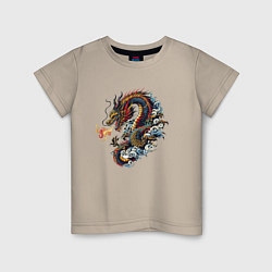 Футболка хлопковая детская Japanese dragon - engraving, цвет: миндальный
