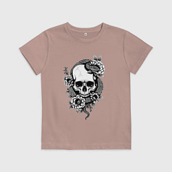 Футболка хлопковая детская Змея на черепе с цветами, цвет: пыльно-розовый