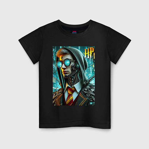 Детская футболка Cyber Harry Potter - ai art fantasy / Черный – фото 1