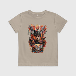 Футболка хлопковая детская Гарри Поттер на фоне феникса и пегаса, цвет: миндальный