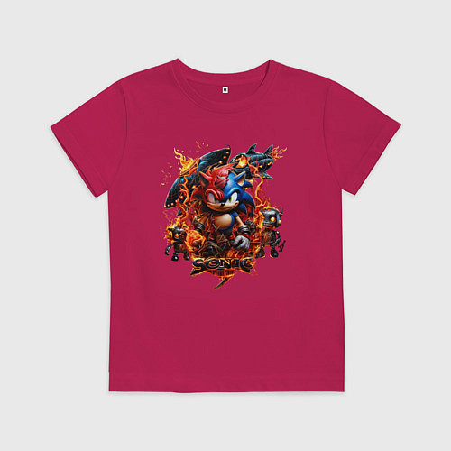 Детская футболка Соник и Наклз на фоне огненных роботов / Маджента – фото 1